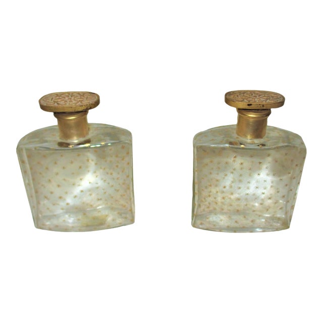 Antique Pair of Signed Ltyptane Paris Gold Star Design with Ornate Gold Stoppers Perfume Bottles For Sale