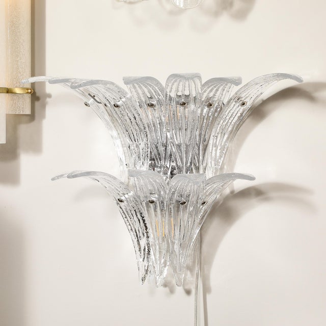 Late 20th Century Pair of Modernist Hand-Blown Murano Clear Glass & Nickel Fitted Palma Sconces For Sale - Image 5 of 12