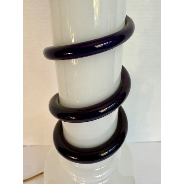 Art Deco Murano Style Milk Glass & Cobalt Blue Swirl Art Glass Table Lamp For Sale - Image 11 of 12