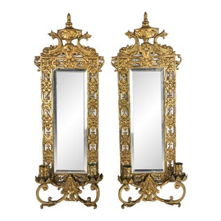 Pair of 19th Century Bronze Dolphin Decorated Mirrored a Wall Sconces With Candle Holders For Sale