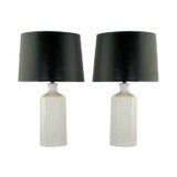 Hexagonal White Ceramic Table Lamps With Geometric Relief - a Pair For Sale
