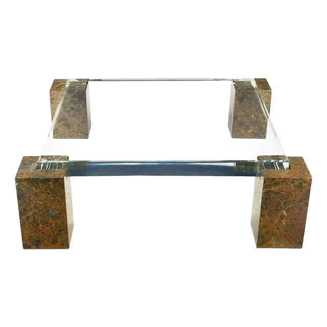 Brazilian Red Marble Column Coffee Table with Thick Lucite Top For Sale