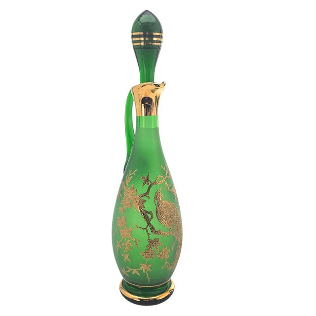 Mid 20th Century Mid-Century Frosted Emerald Glass Decanter Set With Gilt Pheasant Motif, 15" For Sale - Image 5 of 16
