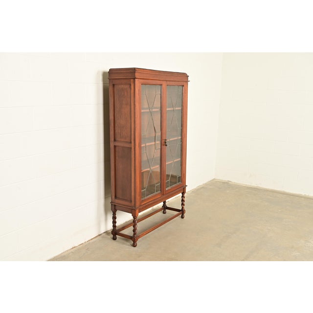 R. J. Horner & Co. Stickley Brothers Style Antique Arts & Crafts Carved Oak Bookcase Cabinet With Leaded Glass Doors, Circa 1900 For Sale - Image 4 of 14