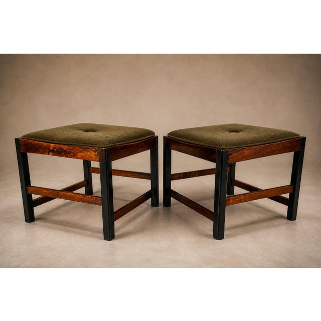 Pair of Brazilian Modern Stools in Rosewood, Cane, and Olive Mohair Cushions — Liceu De Artes, 1960s For Sale - Image 13 of 18