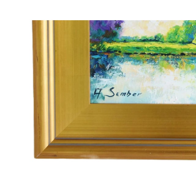 Green Serene Impressionist Lake & Landscape Oil Painting Including the Antiqued Gold Wood Frame For Sale - Image 8 of 10