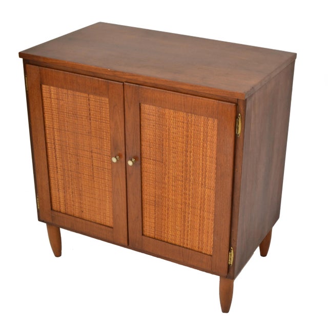 1950s Mid-Century Modern 2 Woven Cane Doors Wood Cabinet Brass Knobs American For Sale - Image 13 of 13