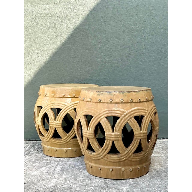 Late 20th Century Vintage Glazed Ceramic Rings Low Stools - A Pair For Sale - Image 5 of 12