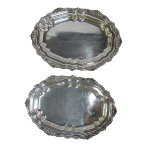 Tiffany Soldered Silver Plate Ornate Flower Rim 12.5" Serving Dish Platter Pair