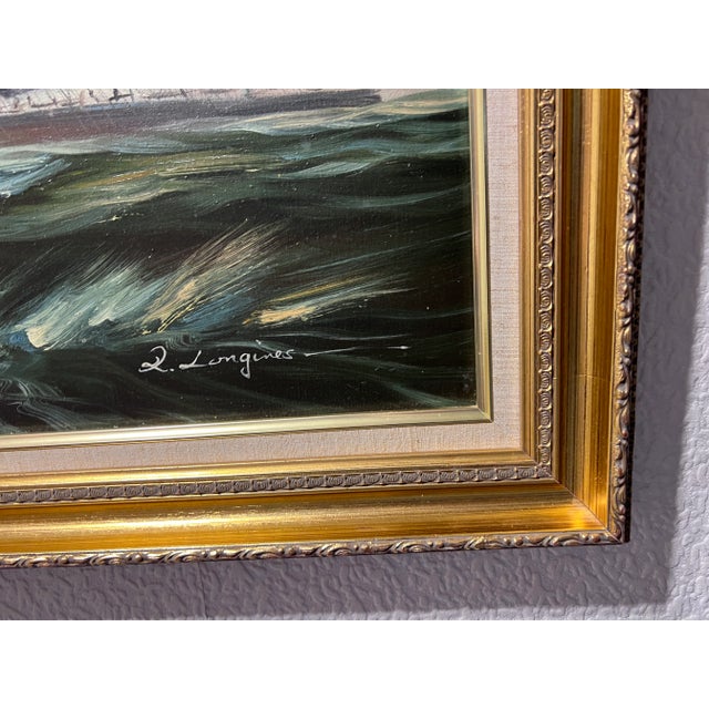 This original oil on canvas by Italian artist Renato Longanesi (b. 1931) depicts a magnificent fully rigged sailing vessel...