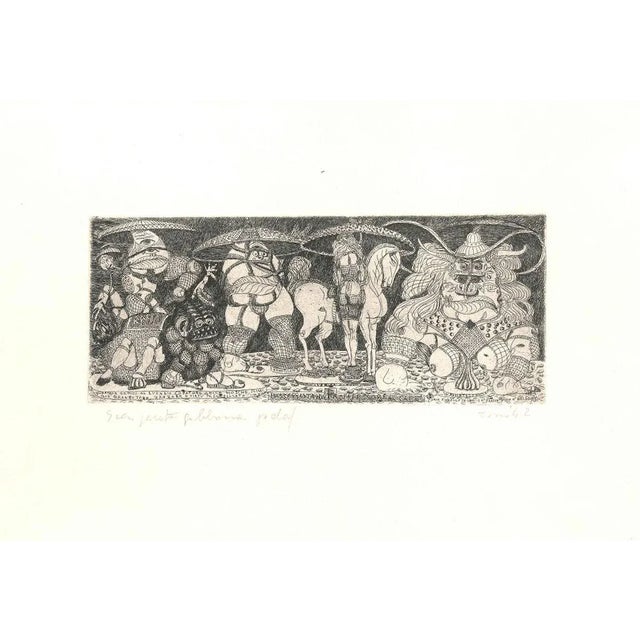 Dimensions: 10 x 24 cm. Interesting etching, representing a gallery of fantastic characters. Artist's Proof titled and...