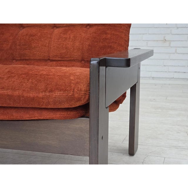 Danish Armchair in Orange-Red Velour and Dark Oak Wood, 1970s For Sale - Image 14 of 17