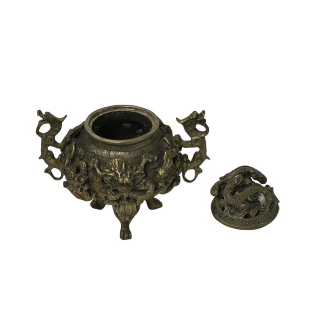 Vintage Bronze Color Metal Dragons Tri Legs Ding Incense Burner Art For Sale - Image 4 of 14