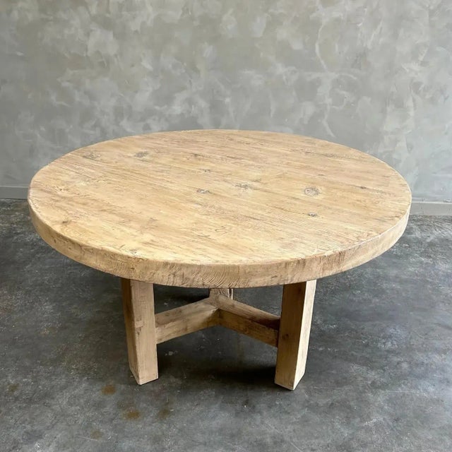 Custom Made Round Elm Wood Dining Table For Sale - Image 9 of 10