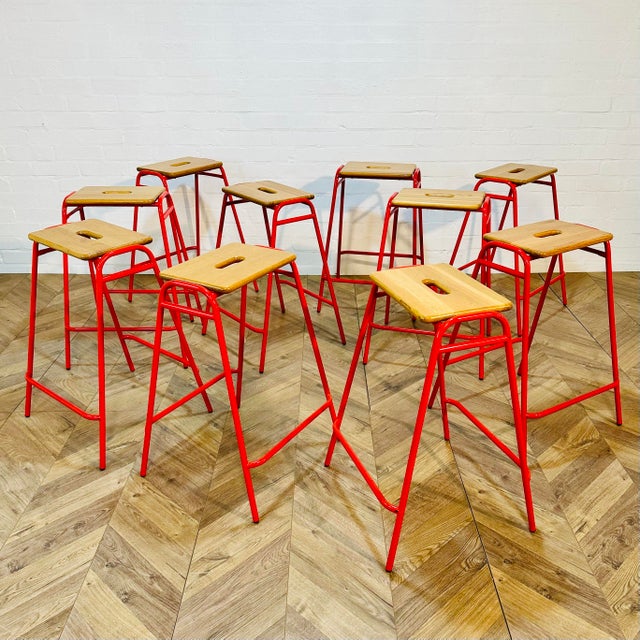 Vintage Red Metal and Oak Lab Stools by David Irwin, 1990s, Set of 10 For Sale - Image 6 of 17