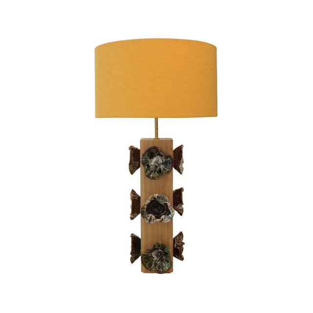 German Ceramic Flower and Oak Table Lamps, Germany, 2010s, Set of 2 For Sale - Image 4 of 11