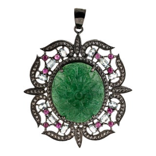 Ornate Floral Carved Green Aventurine Victorian Pendant- Anniversary Gifts For Sale