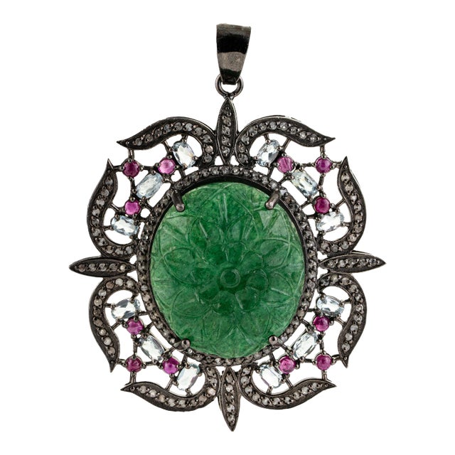 Ornate Floral Carved Green Aventurine Victorian Pendant- Anniversary Gifts For Sale