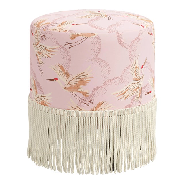 Fringe Ottoman in Crane Flock Pink For Sale