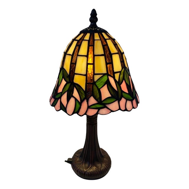 Tiffany Style Table Lamp with Stained Glass Shade and Decorative Base, 1980s For Sale