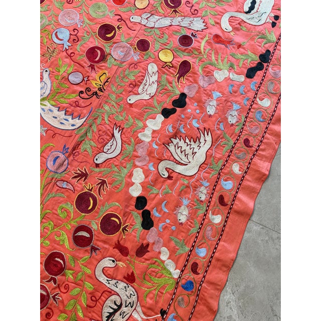 2010s Coral Silk Suzani Wall Decor With White Cranes For Sale - Image 5 of 9
