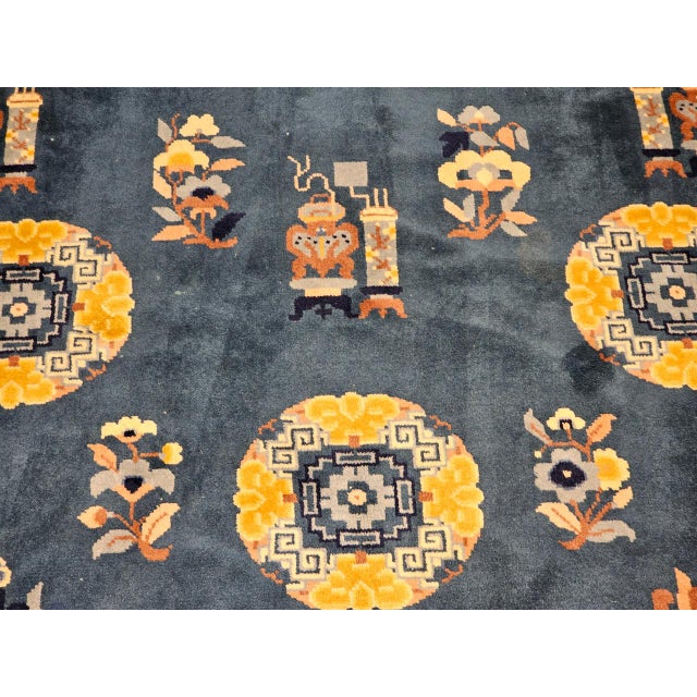 Vintage Art Deco Chinese Rug, Handwoven Wool Pile, Floral Design, Blue, 6' x 8' For Sale - Image 10 of 14
