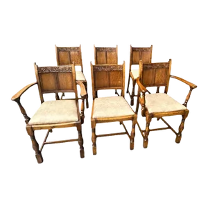 19th Century Antique English Arts & Crafts Oak Dining Chairs With New Leather Seats - Set of 6