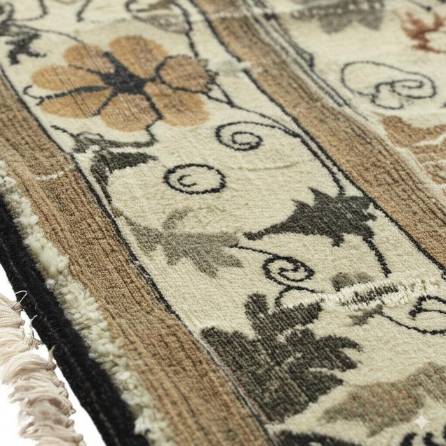 A 9' x 12' hand-knotted wool rug with an ivory field with an allover pattern of olive and tan flowers and leaves inside a...