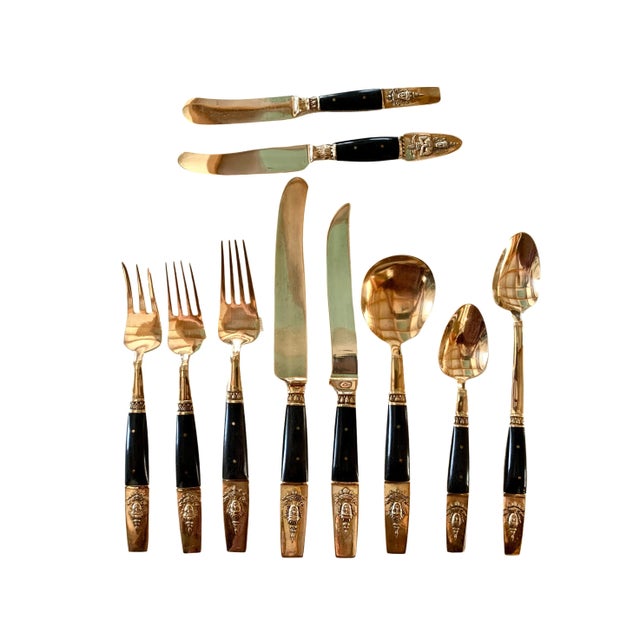 Vintage 1960s set of handmade rosewood and brass Siam Thai 132 piece flatware set with the green velvet lined three tier...