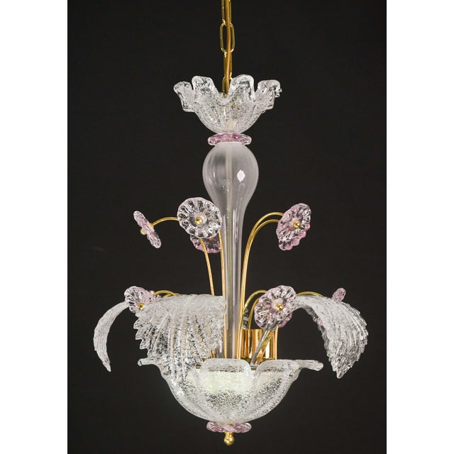Glass Charming Vintage Venetian Chandelier, Pink Flower Murano Glass, 1970s For Sale - Image 7 of 15