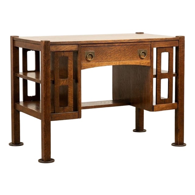 Antique Mission Oak Desk With Bookcase Ends, Arts & Crafts Writing Desk, C. 1910 For Sale