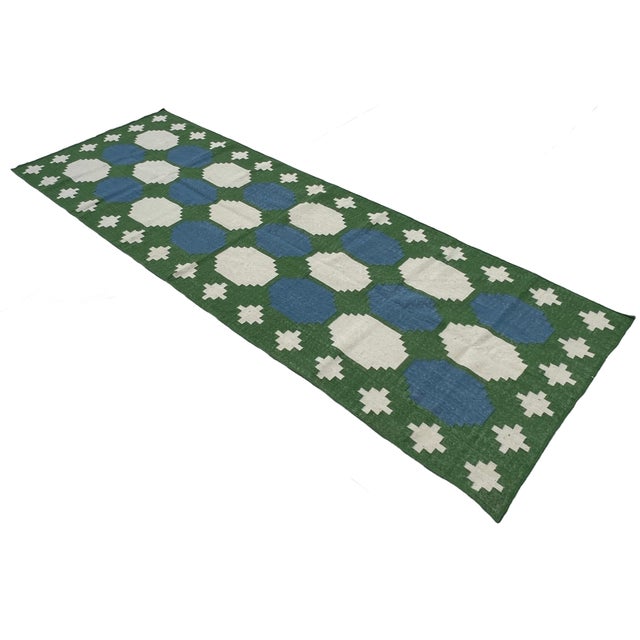 Handmade Woolen Dhurrie Runner, Moss Green, White and Sky Blue Swedish Tile Runner- 3.5'x10' For Sale - Image 11 of 13