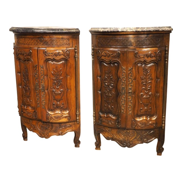 Pair of Sculpted Antique Walnut Corner Cabinets From Provence, France, C. 1900 For Sale