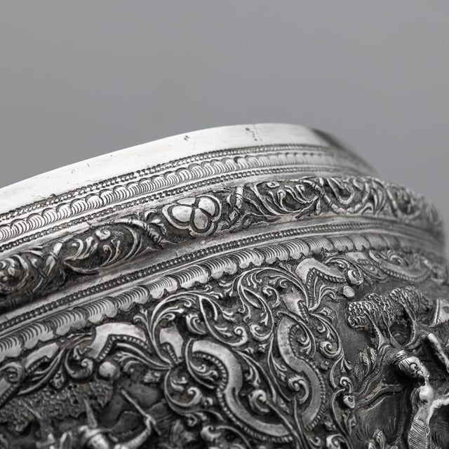 Silver Antique Burmese Repoussé Silver Jataka Tales Bowl, 1910 For Sale - Image 8 of 18