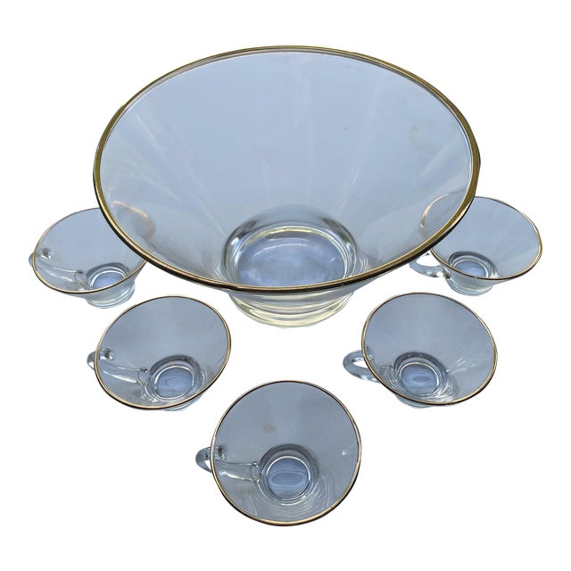 Mid 20th Century Art Deco Punch Bowl and Glasses Set- 6 Pieces For Sale