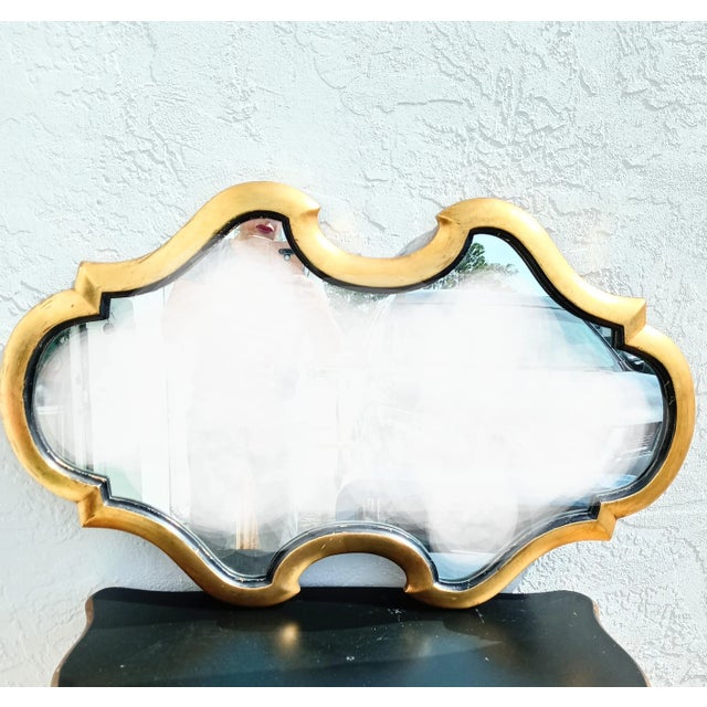 Hollywood Regency Vintage John Stuart Curvy Gold Leaf Black Wall Mirror For Sale - Image 3 of 7