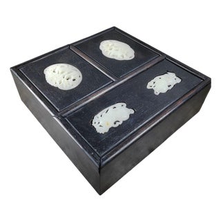 Chinese Rosewood Box Inlaid With White Jade Plaques For Sale