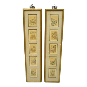 Vintage Asian Oriental Framed Art Prints With Narrow Gold Frames - A Pair