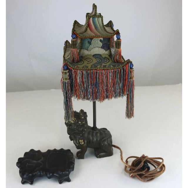 Brass Rare Exotic 1920s Chinoiserie Lamp of Tasseled Pagoda Shade with Foo Dog Base For Sale - Image 8 of 9