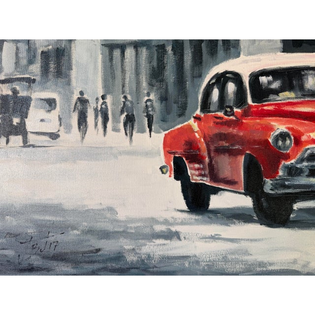 Modern Impressionist Havana Cuba Street Scene Oil on Canvas Painting With Red Classic Car, Signed For Sale - Image 9 of 11