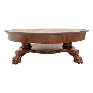Antique Tiger Oak Oval Coffee Table, Carved Paw Feet, Drawer, Shelf, By: Piqua For Sale