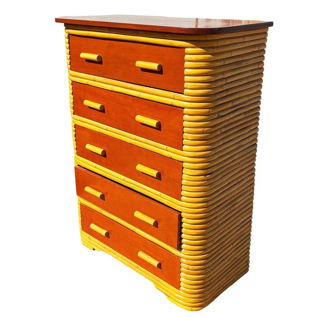 Art Deco 1930s Restored Paul Frankl Style Stacked Rattan & Mahogany Art Deco Highboy Dresser For Sale - Image 3 of 4