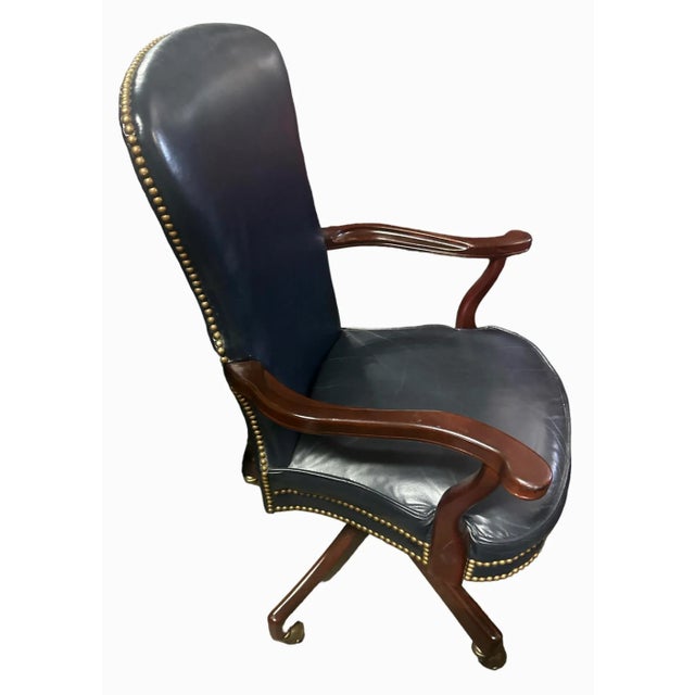 Quaker Furniture Hickory North Carolina Dark Blue Leather Swivel Chair