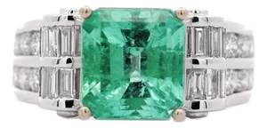 4.17 Carat Colombian Emerald & Diamond Unisex White Gold Ring, Size 7.25