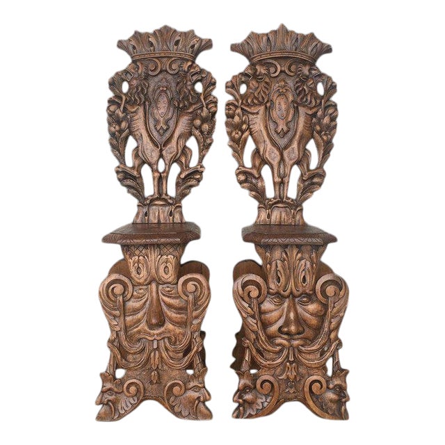 18th Century Italian Renaissance Lion Carved Walnut Sgabello Hall Chairs - a Pair For Sale