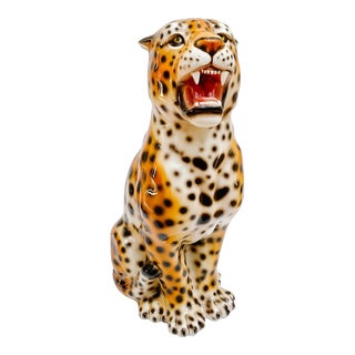 Italian Glazed Ceramic Standing Leopard Statue For Sale