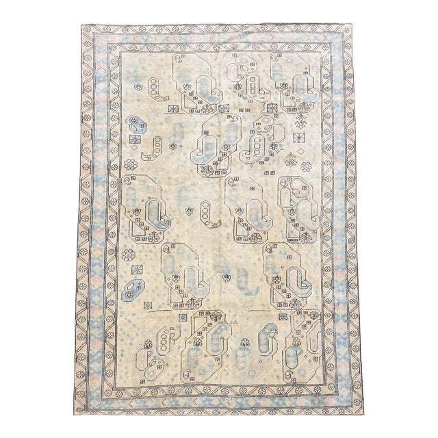 Antique Turkish Rug 6x8 | Ivory & Blue With Stylized Boteh Motifs For Sale