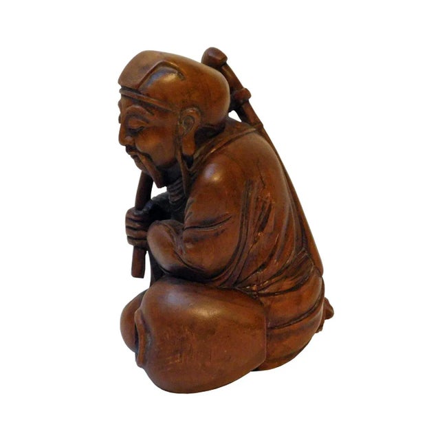 Asian Antique Vintage Carved Solid Wood Chinese Eight Immortals L� Dongbin With Whip & Sword Statue For Sale - Image 3 of 5