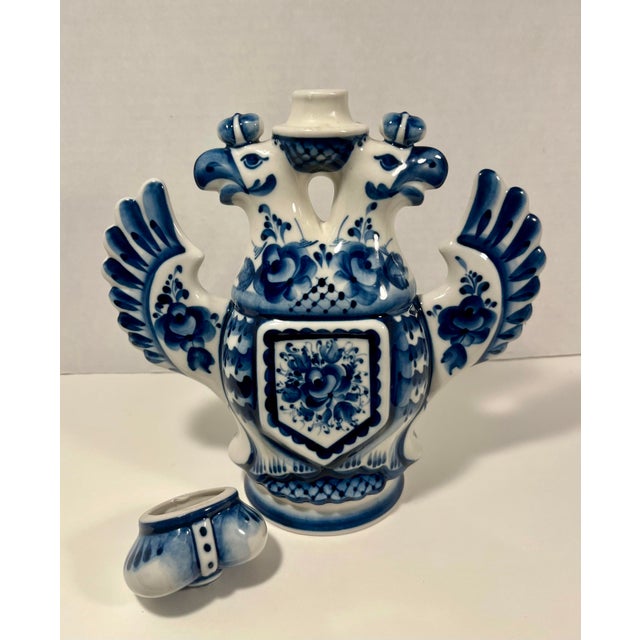Traditional Vintage Gzhel Porcelain of Russia Coat of Arm Double Headed Eagle Hand Painted Decanter For Sale - Image 3 of 7