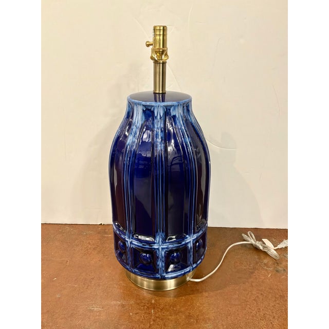 Harp & Finial Large Mid-Century Style Lamp Blue Glaze. For Sale - Image 4 of 5